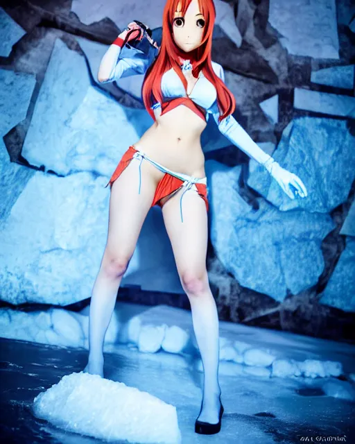 Image similar to pinup photo of asuna from sao in ice dungeon, asuna by a - 1 pictures, by greg rutkowski, gil elvgren, enoch bolles, glossy skin, pearlescent, anime, very coherent, maxim magazine, 3 d, vray, unreal 5, octave rendey, maya, cgsociety