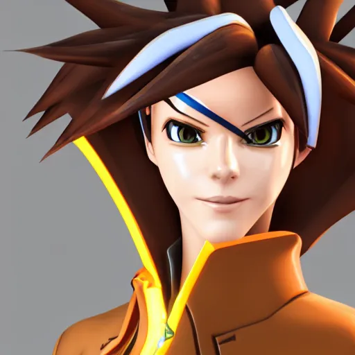 Image similar to accurate digital 3 d artwork of tracer from the game overwatch, facial features, eyes,