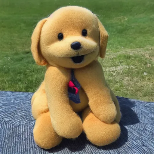 Image similar to a happy golden retriever puppyplush doll, 8 k. photorrealism. photography.