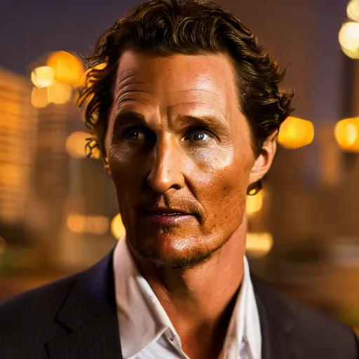 Image similar to a still of matthew mcconaughey . He's looking directly at the camera. HD. Shallow depth of field. City at night in background, lights, colors ,studio lighting, mood, 4K. Profession photography