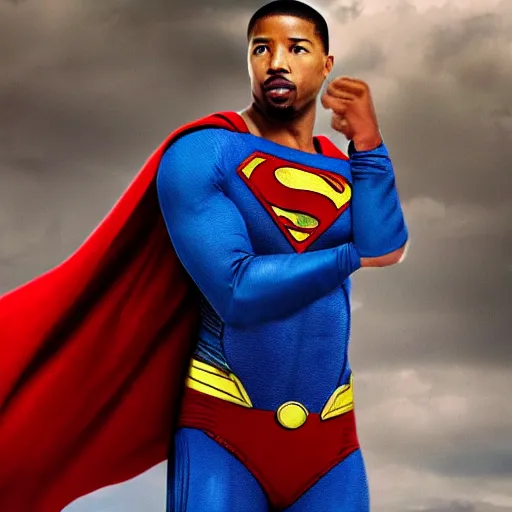 Image similar to michael b jordan as superman. realistic. high detail.