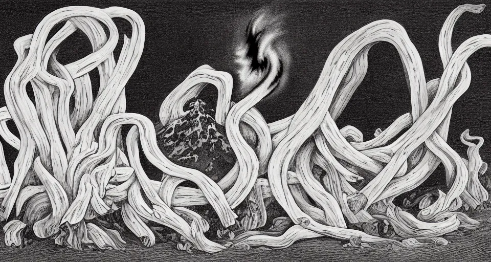 Image similar to a volcano made of ivory vines and crimson rocks enters in eruption, it spits a smoke in the shape of demonic eye, by Charles Addams