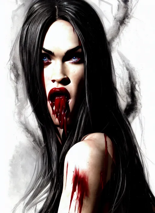 Image similar to portrait of megan fox as a evil vampire queen baring her fangs, bloody tears, jewelry, greek, dark, fangs, intricate, headshot, fangs, key visual, conceptart, ambient lighting, highly detailed, digital painting, artstation, concept art, sharp focus, by makoto shinkai and akihiko yoshida and greg manchess