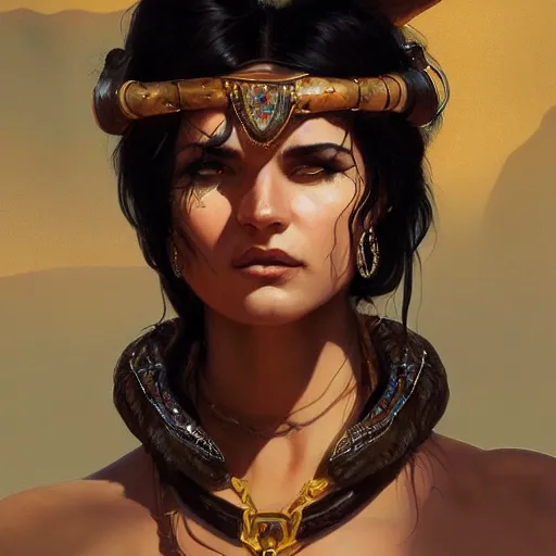 Prompt: portrait of a berber tiefling woman with black hair in a desert, strong, fierce, elegant, fantasy, highly detailed, digital painting, artstation, concept art, character art, art by greg rutkowski and tyler jacobson and alphonse mucha