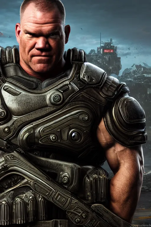 Image similar to jocko willink as a muscular Gears of War character commanding, photorealism, half body, HDR ambient background, unreal engine 5, hyperrealistic, highly detailed, XF IQ4, 150MP, 50mm, F1.4, ISO 200, 1/160s, cinematic lights, Adobe Lightroom, photolab, Affinity Photo, PhotoDirector 365, realistic