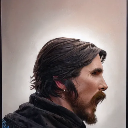 Prompt: full face profile view of Christian Bale by Donato Giancola