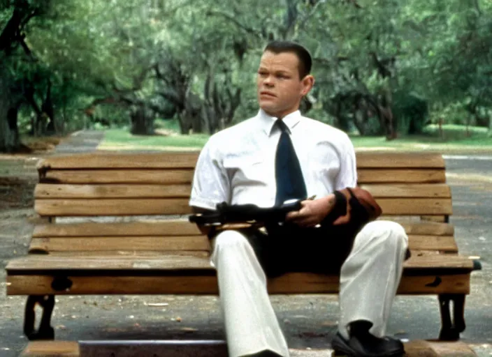 Image similar to film still of matt damon as forrest gump sitting on a bench in forrest gump, 4 k