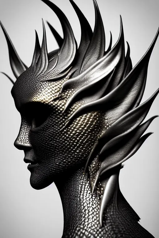 Image similar to bw close - up profile face, black background, beautiful young porcelain vegetal - dragon - cyborg - female, 1 5 0 mm, beautiful natural soft rim light, silver gold details, magnolia leaves and stems, roots, mandelbot fractal, elegant, ultra detailed, white metallic armour, octane render, h. r. giger style