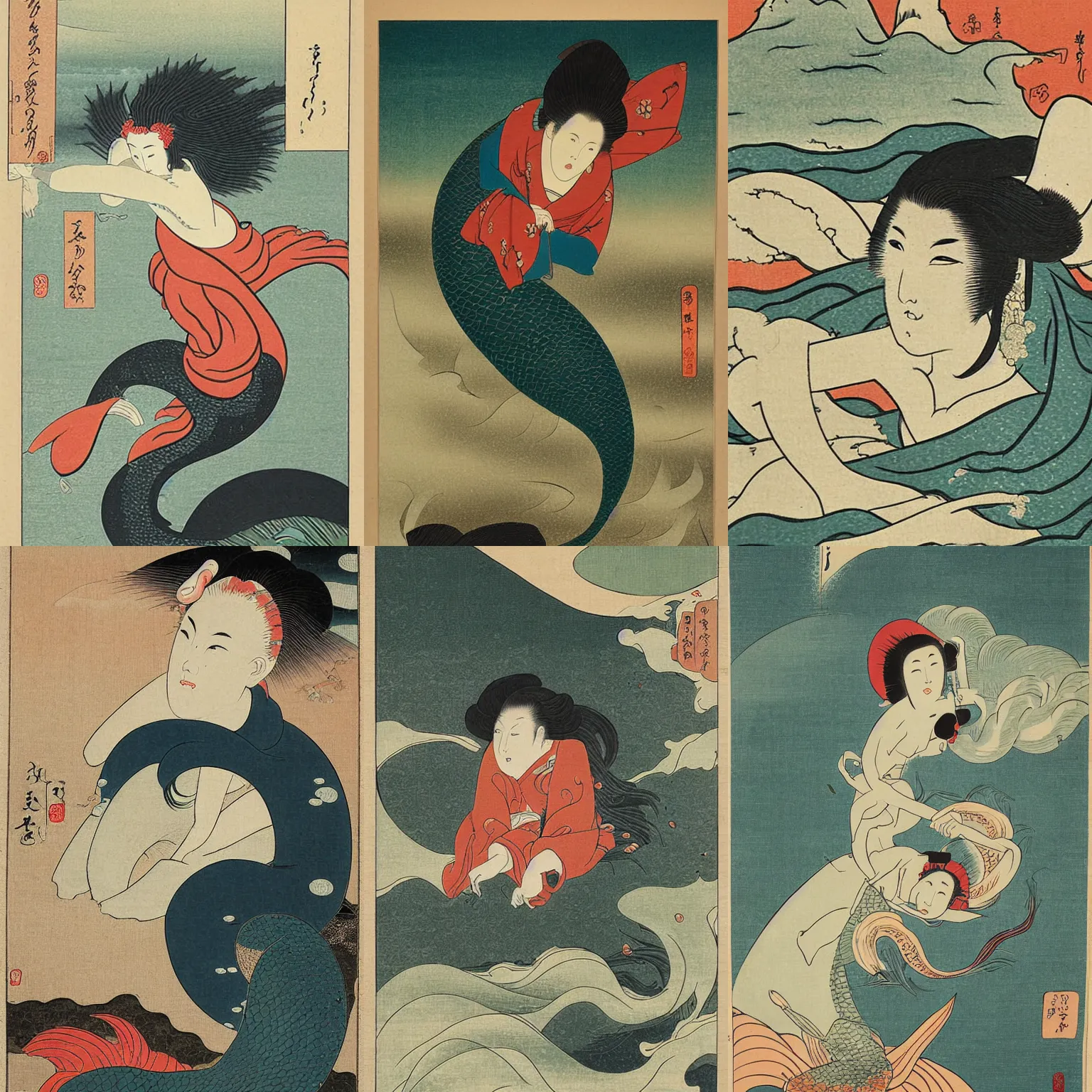 Prompt: Ukiyo-E Portrait of a mermaid in a storm