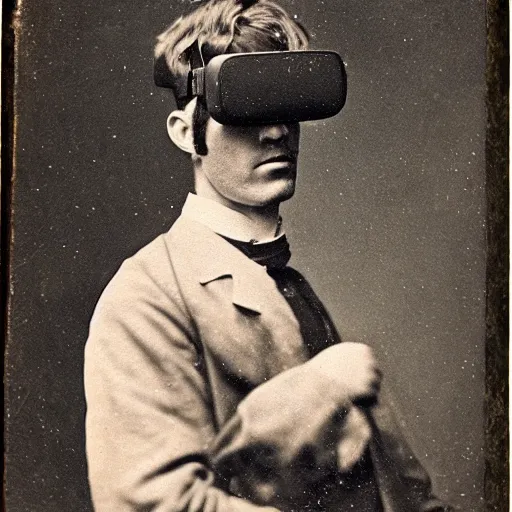 Prompt: tintype photo of a man from the 1800s using a wired vr headset