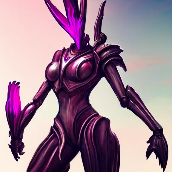 Image similar to extremely detailed giantess shot of a goddess that's a giant beautiful stunning anthropomorphic robot female dragon, standing majestically over mountains, elegant pose, streamlined shiny silver metal armor, fuchsia skin below the armor, sharp metal claws, long elegant tail, detailed warframe fanart, high quality digital art, giantess art, furry art, warframe art, moa legs, Vex Valkyrie legs, furaffinity, DeviantArt, 8k HD, octane render