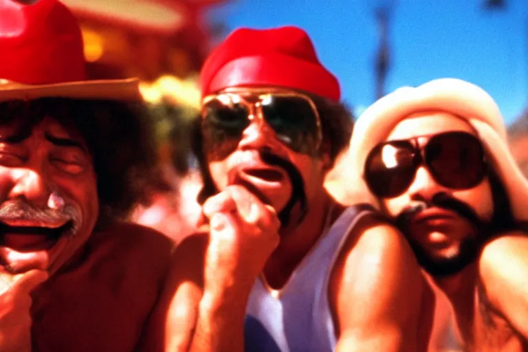 Prompt: cheech and chong in fear and loathing in las vegas movie, everyone is on psychedelic drugs, cinematic still, movie still, long lens, shallow depth of field, bokeh, anamorphic lens flare, 8 k