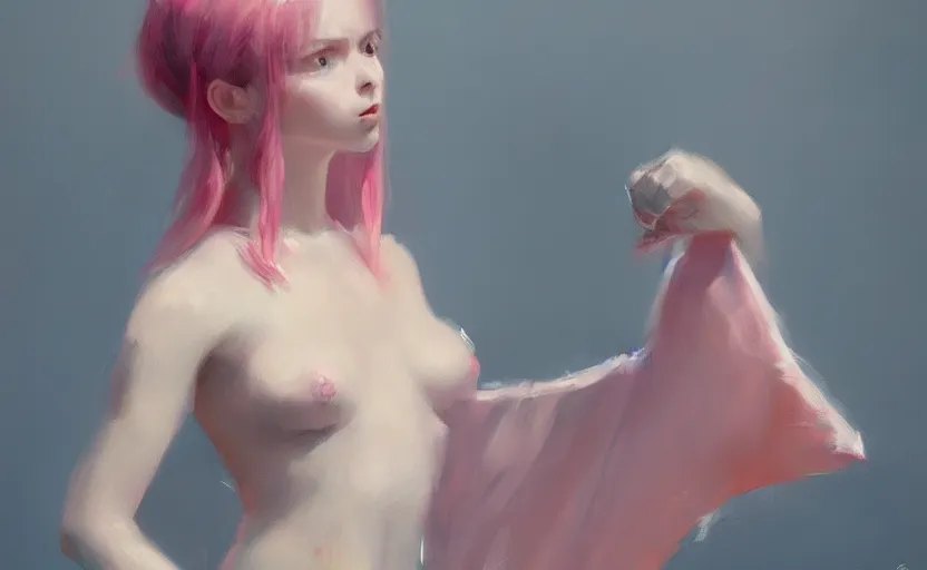 Image similar to a painting of little alice trending on artstation in the style of greg rutkowski, beautiful, female, sensual, natural skin, curvy build, natural sensuality, pink, blue, portrait