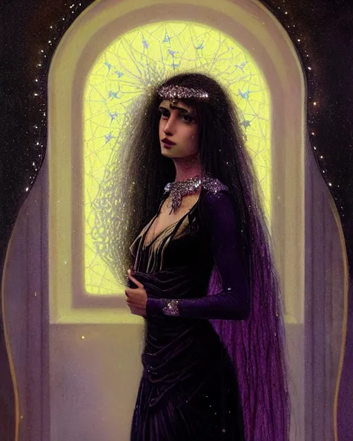 Prompt: Nocturne, glowing, stars, a portrait of a beautiful female shadow djinn with jeweled collar, long hair, glowing eyes, highly detailed, mysterious, ethereal, dressed in velvet and gold jewelry, haute couture, illustration, dramatic lighting, painting, by Edmund Blair Leighton, Brom, Charlie Bowater, trending on artstation, faces by Tom Bagshaw, otto schmidt