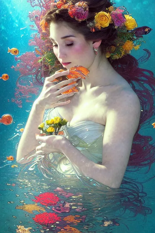 Image similar to portrait of a beautiful mysterious woman holding a bouquet of flowing flowers, small bubbles from her mouth, hands hidden under the bouquet, submerged underwater filled with colorful small fish and coral reef, fantasy, regal, intricate, by stanley artgerm lau, greg rutkowski, thomas kindkade, alphonse mucha, loish, norman rockwell