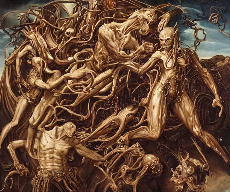 Image similar to elegant renaissance painting of sorceress final boss bodybuilder vecna battle, art by alex ross and peter mohrbacher, epic biblical depiction, flesh and bones, fangs, teths and tentacles, corpses and shadows!