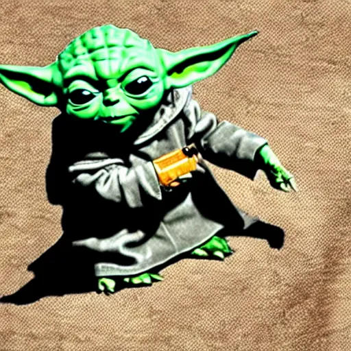 Prompt: baby yoda pointing a gun at you