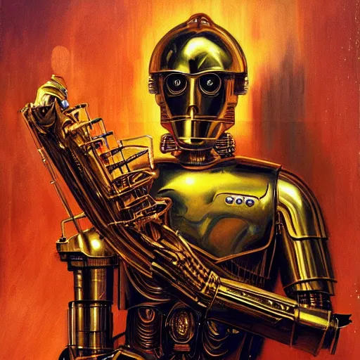 Image similar to medium shot stunning portrait of C3PO playing the golden lyre, painting by Raymond Swanland and Donato Giancola, Robot, sci-fi, cybernetic, hq