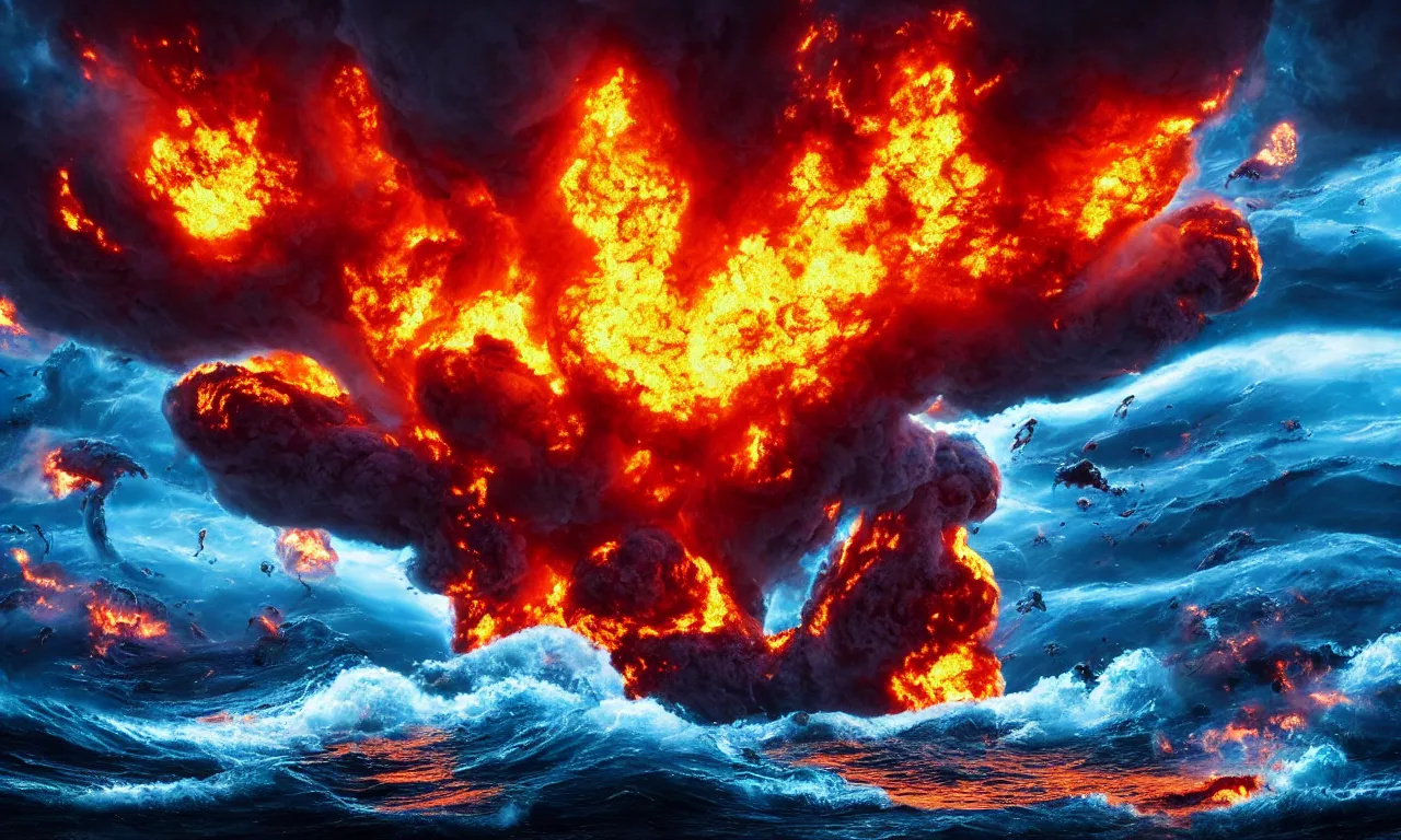 Prompt: the swirling portal in the ocean erupts violently with fire and brimstone as hellacious abominations appear to fly out of it in droves. photorealistic. intricate details. 3 5 mm photograph. dramatic lighting. action shot. absolute focus. masterpiece.