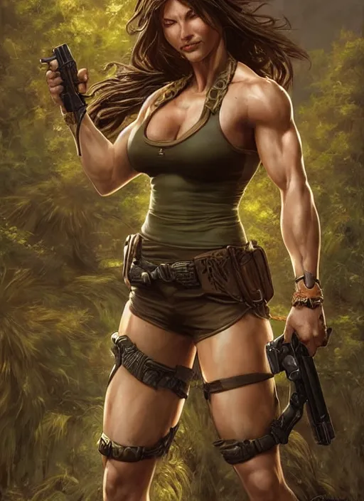 Image similar to muscled Lara Croft grinning as a ruggedly handsome heroine, intricate, elegant, highly detailed, centered, artstation, concept art, smooth, sharp focus, illustration, bokeh art by artgerm and donato giancola and Joseph Christian Leyendecker, WLOP