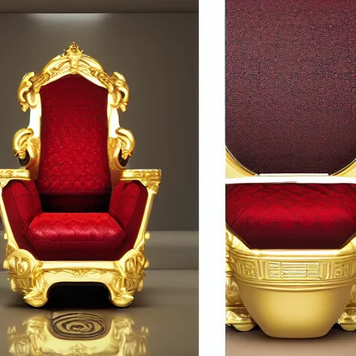 Image similar to a luxury vip golden toilet gaming chair with red hibiscus embossed into the material, the toilet is shiny, varying art styles, varying locations, varying angles