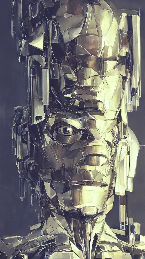 Image similar to a portrait of cyber - dog of sci fi metallic human by yoji shinkawa bright eyes, melancholic complex geometric figure liminal machinery by oskar schlemmer, moebius, john berkey, film grain, oil on canvas, portrait facial head, featured on artstation, hd wallpaper, 8 k