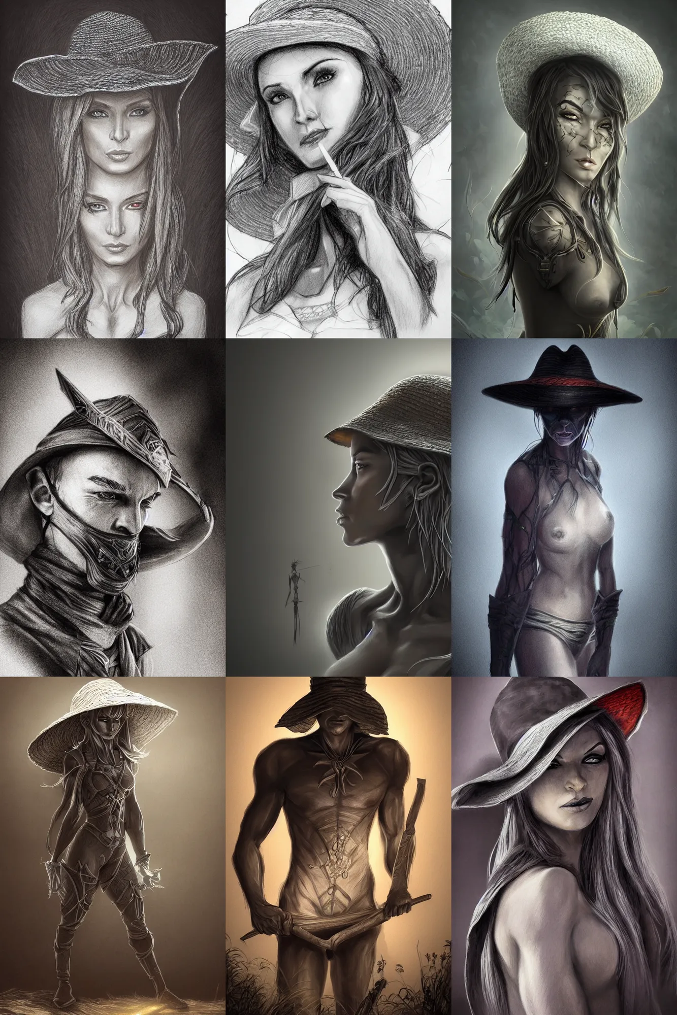 Prompt: professional portrait, drawing, A Drow wearing a straw hat, dark elf, farmer, intricate epic lighting cinematic composition hyper realistic