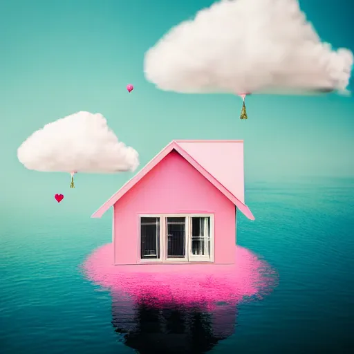 Image similar to a 5 0 mm lens photograph of a cute pink floating modern house, floating in the air between clouds, inspired by the movie up, held up from above by a heart - shaped ballon. mist, playful composition canon, nikon, award winning, photo of the year