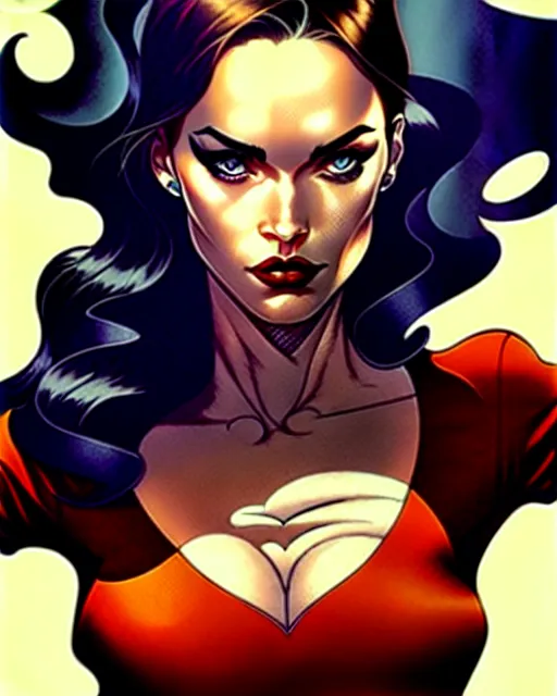 Image similar to artgerm, joshua middleton comic cover art, full body pretty megan fox holding a shotgun, red dress, symmetrical eyes, symmetrical face, long curly black hair, dark city background, cinematic lighting