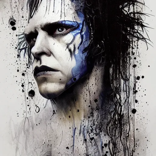 Image similar to stunning portrait of gaunt sting a ( the cure fan ) as dream from sandman, dim stars as eyes, by jeremy mann, by cedric peyravernay, by by russ mills, by richard avedon and ben templesmith, dramatic lightning, sadness, dark eye sockets, in the shadows, punk rock, gothic, high detailed, 8 k