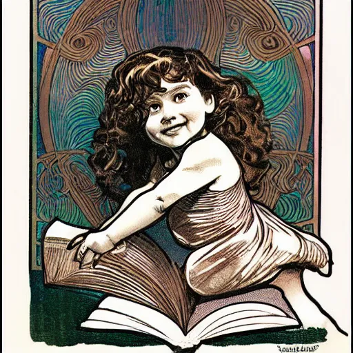 Image similar to a little girl with a mischievous face and light brown curly wavy hair. she is sitting on top of a tall like of books. well composed, clean elegant painting, beautiful detailed face. by steve ditko and jack kirby and alphonse mucha