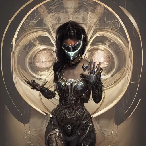 Image similar to a cyborg empress with mask, art nouveau ivory accessories, cyberpunk, darksynth, luxury, concept art by jama jurabaev, extremely detailed, ominous, ethereal, artstation, andree wallin, edvige faini, balaskas, alphonse mucha, symmetry