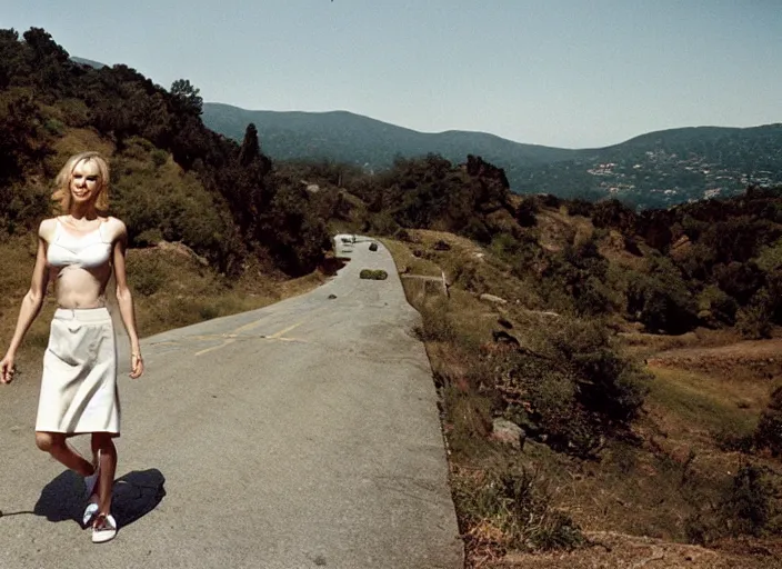 Prompt: Naomi Watts walking Mulholland Drive, Gregory Crewdson, Joel Sternfeld