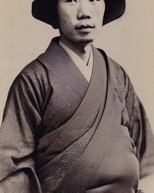 Prompt: 1800's photograph of a heavily pregnant handsome!!! Japanese man in his 20s wearing a kimono, high quality image