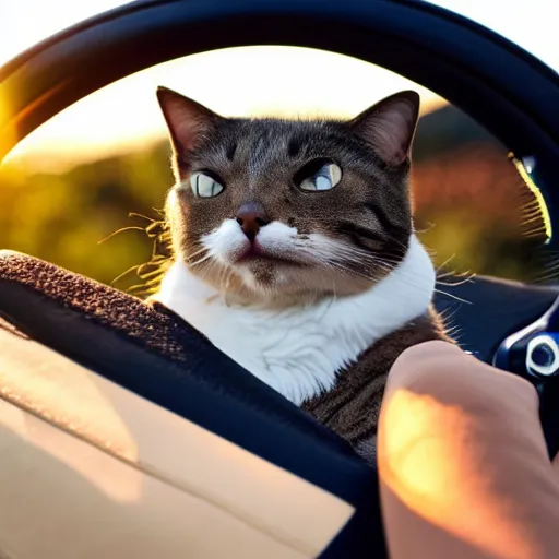 Image similar to cat sitting in driver seat of a cabriolet, paws touching steering wheel, golden hour, top view