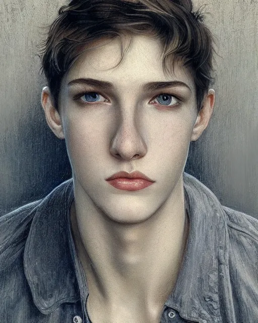 Prompt: portrait of 1 5 - year - old boy, a tall, slender boy with a pale, pointed face, sleek blond hair, and ice grey eyes, hyper realistic face, beautiful eyes, close up, fantasy art, in the style of greg rutkowski, intricate, alphonse mucha, hyper detailed, smooth