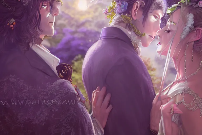 Image similar to a cinematic portrait of wedding photograph jpeg close up moment of a divine a japan sun god and moon goddess lovers magician at a wedding banquet. portraiture. digital painting. artstation. concept art. fantasy wedding photo. digital painting, 8 k realistic, hyper detailed, violet evergarden art masterpiece by art by krenz cushart