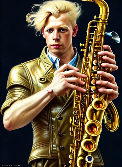 Image similar to portrait of a blond man playing sax, warhammer 40000, cyberpunk, intricate, elegant, highly detailed, digital painting, artstation, concept art, smooth, sharp focus, illustration, art by artgerm and greg rutkowski and alphonse mucha and Gustav Klimt