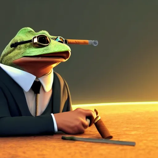 Image similar to a high quality photo of an antropomorphic mafia frog wearing a suit smoking a cigar, 3d scene, render, ultra realistic, artstation, cgsociety