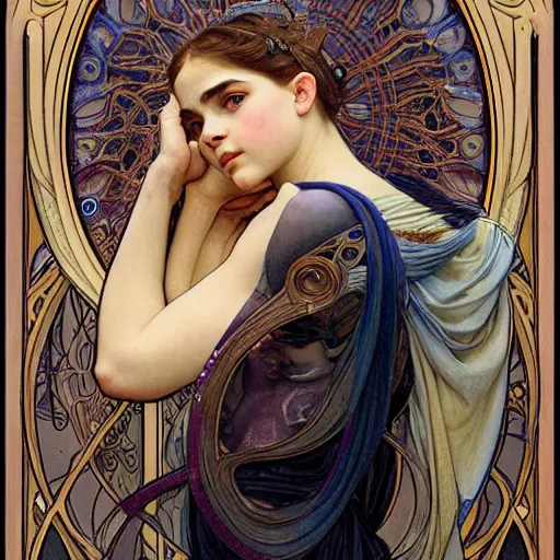 Image similar to detailed portrait art nouveau painting of the goddess of the moon, backlit, who resembles cyborg robot woman Chloe Grace Moretz, and Emma Watson with anxious, piercing eyes, by Alphonse Mucha, Michael Whelan, William Adolphe Bouguereau, John Williams Waterhouse,and Donato Giancola