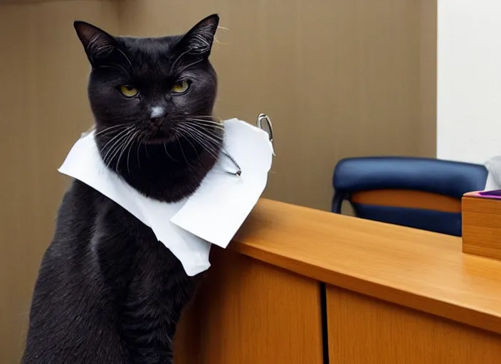 Prompt: a cat working as a receptionist in a solicitor's office