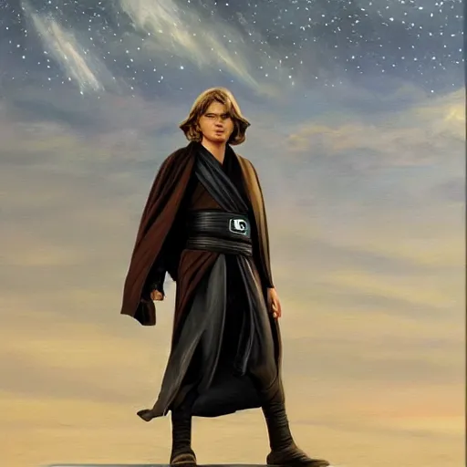 Prompt: anakin at the steps of the jedi temple, oil paint, art station, highly detailed, nighttime