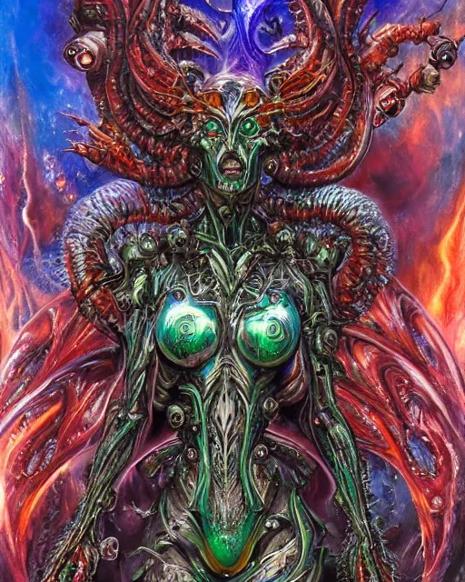 Prompt: silver mechanical charred bloody fleshmetal cyborg daemonhost woman psychedelic flamer of tzeentch with weaponized extra arms, blue and green rainbow fire, by antonio j. manzanedo, alex grey, android jones, wayne barlowe, philippe druillet, josephine wall, harumi hironaka, cronenburg, trending on artstation