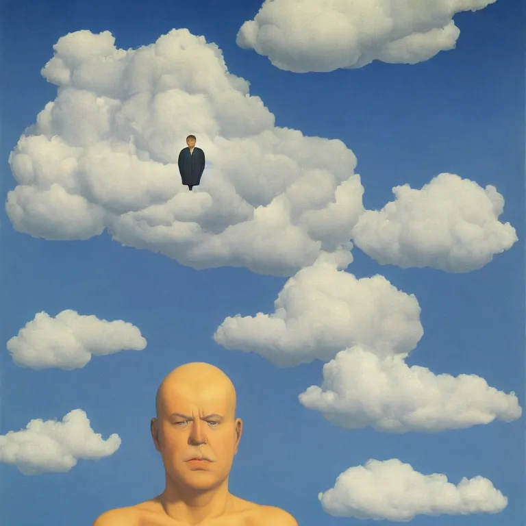 Image similar to cloud - man, by rene magritte, centered, detailed painting, hd, hq, high resolution, high detail, 4 k, 8 k