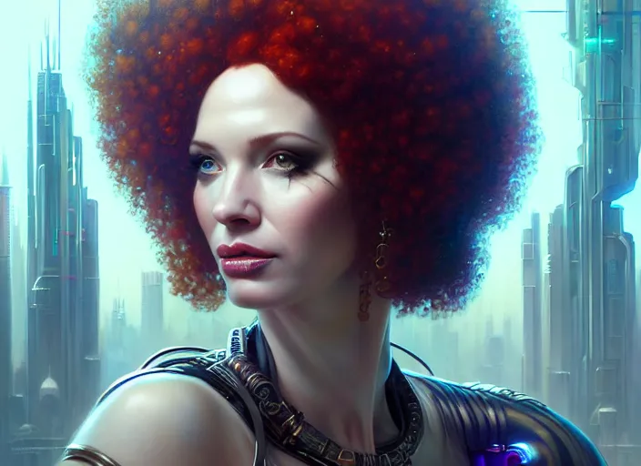 Prompt: portrait shot of a christina hendricks in cyberpunk 2 0 7 7, intricate, elegant, highly detailed, centered, digital painting, artstation, concept art, smooth, sharp focus, illustration, artgerm, tomasz alen kopera, peter mohrbacher, donato giancola, joseph christian leyendecker, wlop, boris vallejo