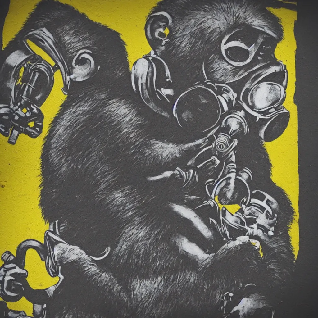 Image similar to Monkey reading a book, wearing a gas mask, graffiti, symbol, minimal, minimalism, edge to edge, solid color background intricate, highly detailed, smooth, sharp focus, detailed face, high contrast