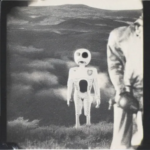 Image similar to polaroid photograph of horrorific extraterrestrial beings visiting earth, 1 9 5 0