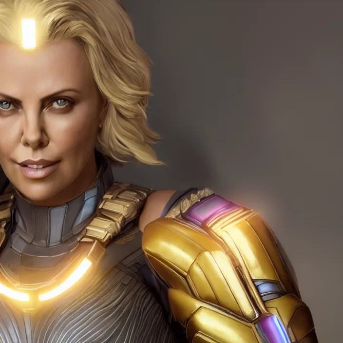 Prompt: portrait of (Charlize Theron), wearing The Infinity GAUNTLET. intricate artwork. octane render, trending on artstation, very coherent symmetrical artwork. avengers. THANOS. cinematic, hyper realism, high detail, octane render, 8k, iridescent accents