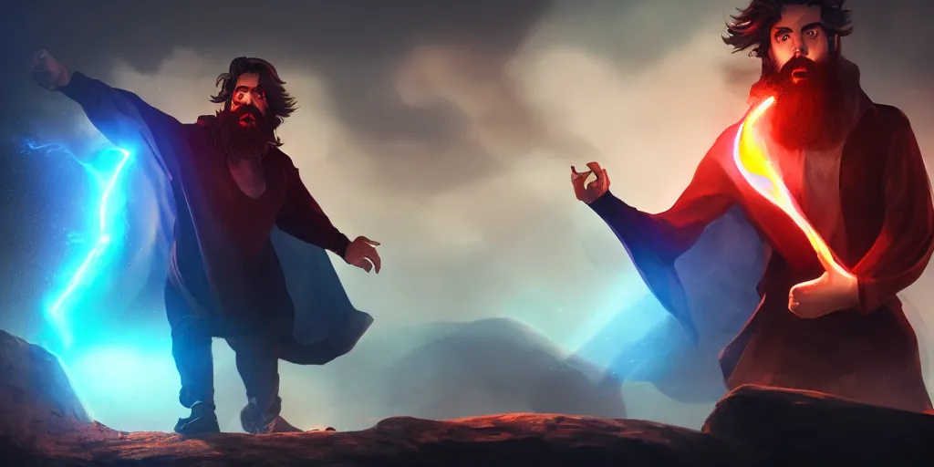 Image similar to a handsome brown hair bearded male sorcerer he is casting a blue and red spell, medium shot, waist up, light rays, epic composition, dynamic lighting, post processing, concept art, cinematic, trending on artstation