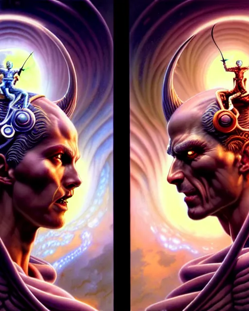 Image similar to a portrait of gemini angel and devil fantasy character portrait facing each other, ultra realistic, wide angle, intricate details, the fifth element artifacts, highly detailed by peter mohrbacher, hajime sorayama, wayne barlowe, boris vallejo, aaron horkey, gaston bussiere, craig mullins